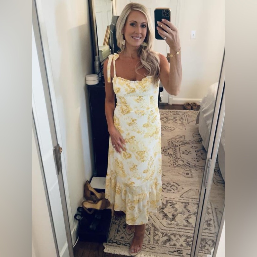 O.P.T Toile De Jouy Floral Midi Dress in Yellow